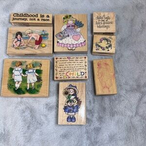 Vintage Wooden Rubber Stamp Lot – Children, Quotes & Folk Art (9-Piece Set)